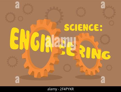 Vector illustration of text Science: Engineering going through the center holes of two cogwheel gears isolated on brown background with gear patterns. Stock Vector