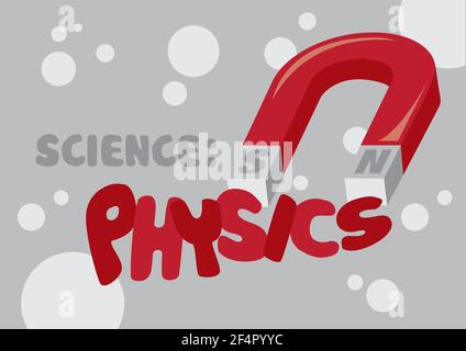 Vector illustration of red horseshoe magnet with text Science Physics and circle pattern background. Stock Vector
