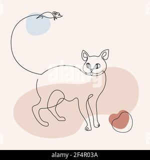 Modern Abstract  One line drawing cat and mouse with abstract shapes isolated on white background. Hand drawn continuous line vector illustration Stock Vector