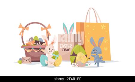 cute rabbits with decorated eggs basket and shopping bags happy easter spring holiday composition Stock Vector