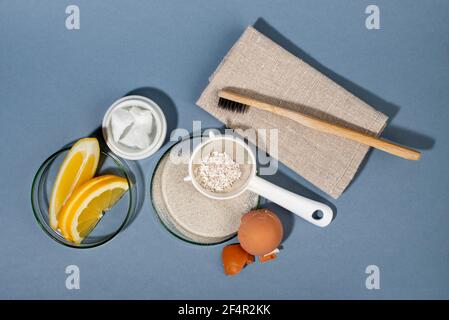 Ingredients for organic eggshells toothpaste. Zero waste concept. DIY ...