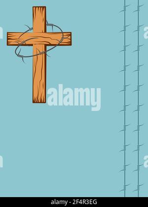 Wooden Christian Cross With Barbed Wire Vector Art Stock Vector