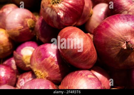 top shot of red onions stock isolated on basket Stock Photo