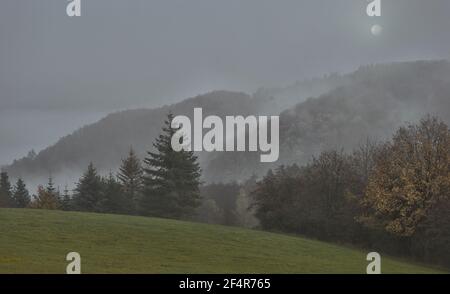 Fog clears in the Eifel Stock Photo