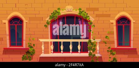 Ivy on antique building facade, vines with leaves Stock Vector