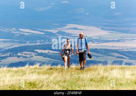 Senior couple walking in meadow, Man woman holding hands Stock Photo