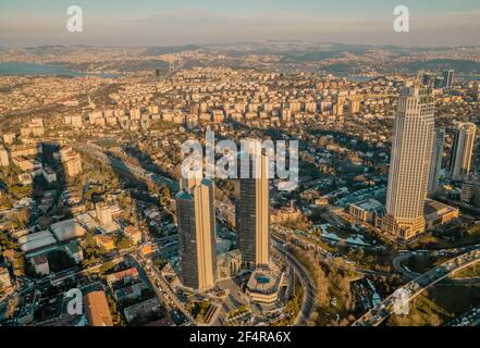 Istanbul, Turkey - February 22, 2021 - panoramic aerial sunset view of the skyline of the European side of  seen from Istanbul Sapphire in Levent Stock Photo