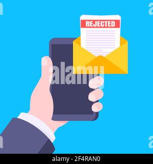 College or university reject letter with hand holds smartphone, open envelope document email. Job employment, college acceptance success or business e Stock Vector