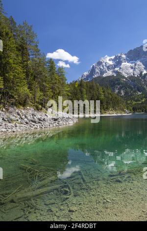 geography / travel, Germany, Bavaria, Grainau, Eibsee (lake) in front of the Zugspitze Massif, Grainau, Additional-Rights-Clearance-Info-Not-Available Stock Photo