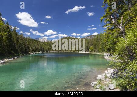 geography / travel, Germany, Bavaria, Grainau, The Lake Untersee at Eibsee (lake) in front of Zugspitz, Additional-Rights-Clearance-Info-Not-Available Stock Photo