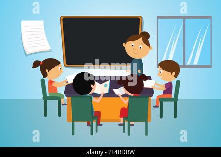 Teacher and students in class room vector illustration background Stock Vector