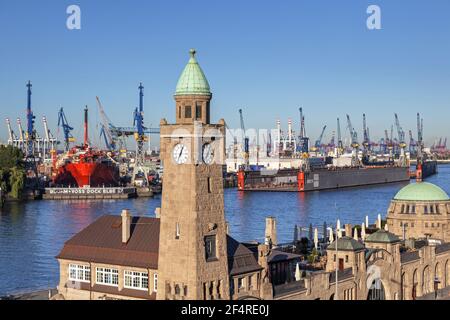 geography / travel, Germany, Hamburg, Hamburg Saint Pauli, St.-Pauli-Landungsbruecken with gauge tower, Additional-Rights-Clearance-Info-Not-Available Stock Photo