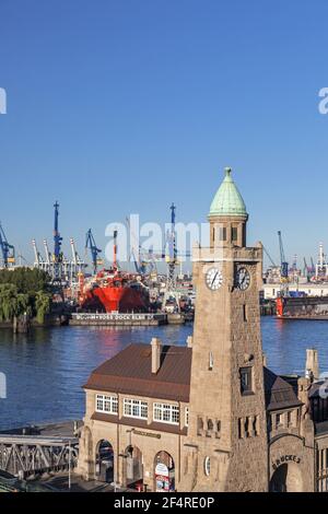 geography / travel, Germany, Hamburg, Hamburg Saint Pauli, St.-Pauli-Landungsbruecken with gauge tower, Additional-Rights-Clearance-Info-Not-Available Stock Photo