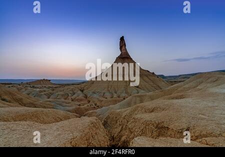 A view of the Bardenas Reales desert and nature reserve in northern Spain at sunset Stock Photo