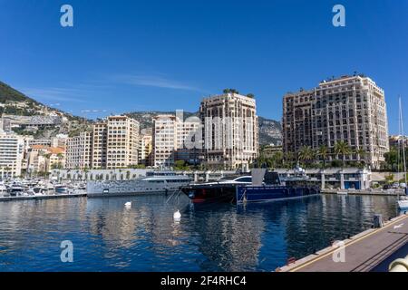 Monaco, Monaco - 17 March, 2021: view of the harbor of Cape d'Ail and hotels in the Fontvielle District of Monaco Stock Photo