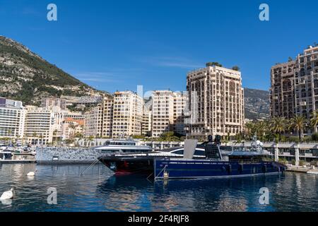 Monaco, Monaco - 17 March, 2021: view of the harbor of Cape d'Ail and hotels in the Fontvielle District of Monaco Stock Photo