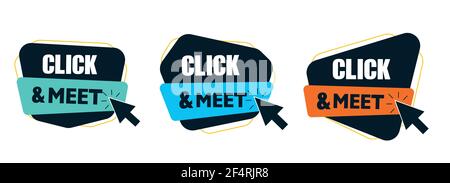 CLICK AND MEET sticker or symbol isolated on white. Click and meet Stock Vector