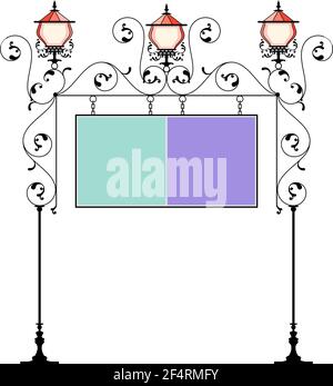 Wrought Iron Signage With Lamp, Lantern Vector Illustration Stock Vector