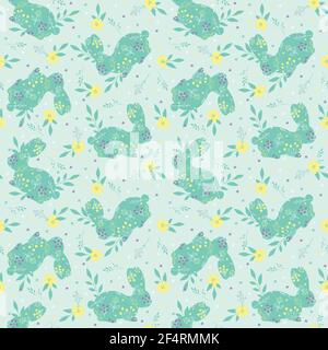 Flowers and bunnies seamless pattern, vector background. Stock Vector