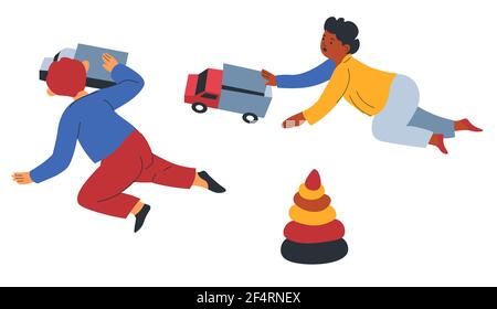 Boys playing toys, children with trucks and cars Stock Vector