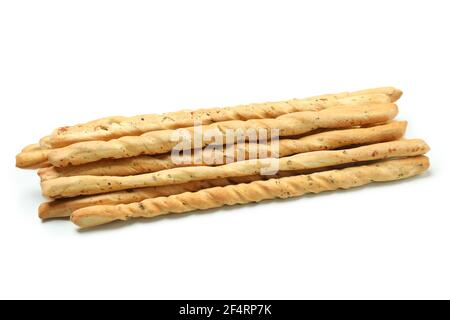 Tasty grissini breadsticks isolated on white background Stock Photo