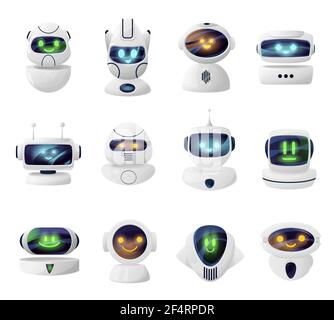 Robots, androids heads with cute faces on screen. Smiling androids cartoon characters, artificial intelligence robot mascot or cybernetic alien life f Stock Vector