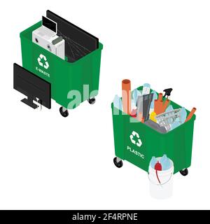Garbage cans full of sorted garbage vector icons. Recycling garbage separation collection. Isometric view. Vector Stock Vector