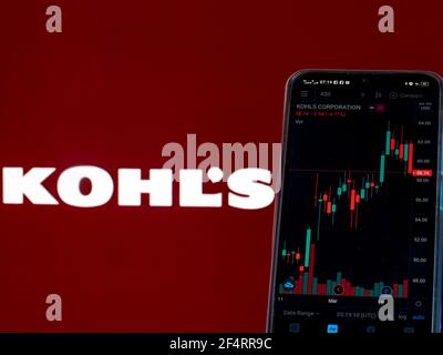 March 23, 2021, Ukraine: In this photo illustration the stock market information of Kohl's Corporation seen displayed on a smartphone with the Kohl's Corporation logo in the background. (Credit Image: © Igor Golovniov/SOPA Images via ZUMA Wire) Stock Photo