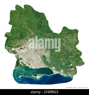 Saint Andrew, parish of Jamaica. Sentinel-2 satellite imagery. Shape isolated on white. Description, location of the capital. Contains modified Copern Stock Photo