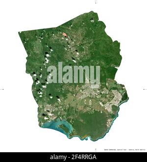 Saint Catherine, parish of Jamaica. Sentinel-2 satellite imagery. Shape isolated on white. Description, location of the capital. Contains modified Cop Stock Photo