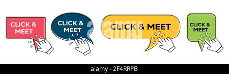 CLICK AND MEET speech bubble with hand click icon isolated on white. Click and meet Stock Vector
