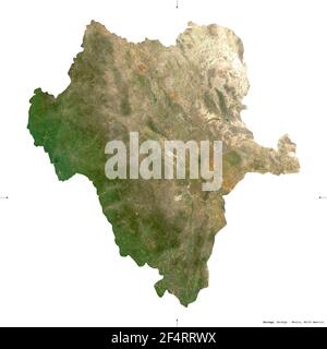 Durango, state of Mexico. Sentinel-2 satellite imagery. Shape isolated on white. Description, location of the capital. Contains modified Copernicus Se Stock Photo