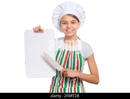 Cute girl in chef uniform isolated on white background showing menu blackboard Stock Photo