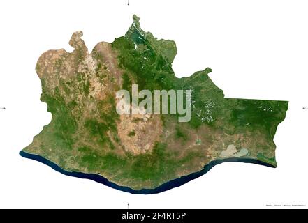 Oaxaca, state of Mexico. Sentinel-2 satellite imagery. Shape isolated on white. Description, location of the capital. Contains modified Copernicus Sen Stock Photo