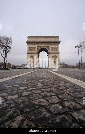 Paris, France - January 31, 2021 : Low angle view of the Arc de Triomphe in Paris France Stock Photo