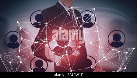 Composition of network with digital icons over businessman touching virtual screen Stock Photo