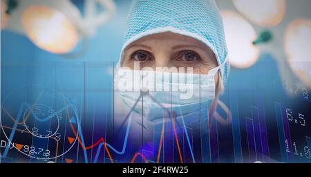 Financial data processing against portrait of caucasian female surgeon wearing face mask Stock Photo