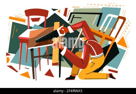 Carpenter working on creating chair, furniture Stock Vector