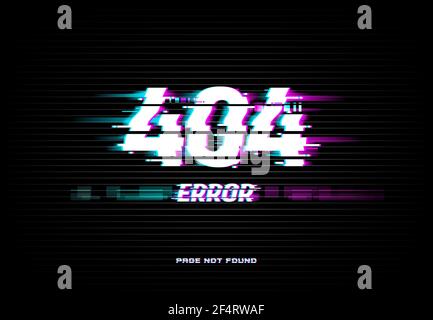 Page not found 404 error on glitched screen background. Problem with Internet connection, site access technical trouble and webpage loading failure co Stock Vector