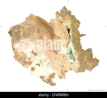 Oruro, department of Bolivia. Sentinel-2 satellite imagery. Shape isolated on white solid. Description, location of the capital. Contains modified Cop Stock Photo