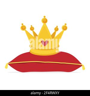 Vector illustration golden crown on the red pillow. Royal crown on velvet pillow. Vector Stock Vector