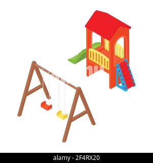 Kids playground with swings and slide isolated on white background. Isometric view. Vector Stock Vector