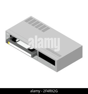 Retro old video recorder with vhs cassette isolated on white background. Isometric view. Vector Stock Vector