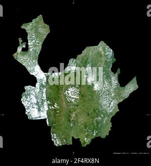 Antioquia, department of Colombia. Sentinel-2 satellite imagery. Shape isolated on black. Description, location of the capital. Contains modified Cope Stock Photo