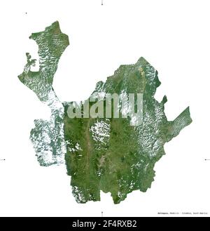 Antioquia, department of Colombia. Sentinel-2 satellite imagery. Shape isolated on white solid. Description, location of the capital. Contains modifie Stock Photo