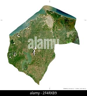 Atlantico, department of Colombia. Sentinel-2 satellite imagery. Shape isolated on white solid. Description, location of the capital. Contains modifie Stock Photo