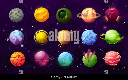 Fantastic planets in space vector icons, cartoon galaxy ui game asteroids. Cosmic world, alien design elements. Galaxy objects, planets with rings, fr Stock Vector