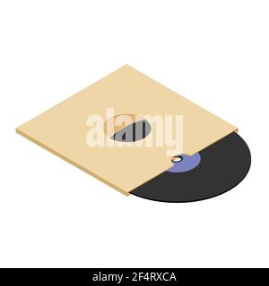 Vinyl record with blank paper cover isolated on white. Record sleeve with vinyl disc isometric view. Vector Stock Vector