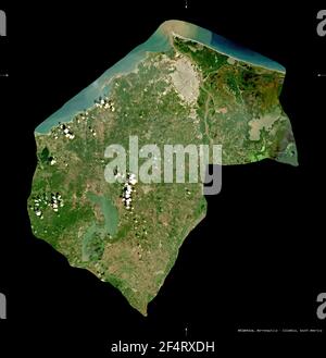 Atlantico, department of Colombia. Sentinel-2 satellite imagery. Shape isolated on black. Description, location of the capital. Contains modified Cope Stock Photo