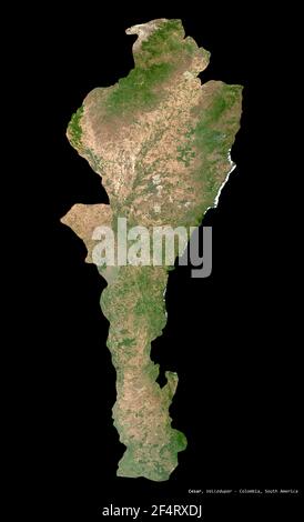 Cesar, department of Colombia. Sentinel-2 satellite imagery. Shape isolated on black. Description, location of the capital. Contains modified Copernic Stock Photo